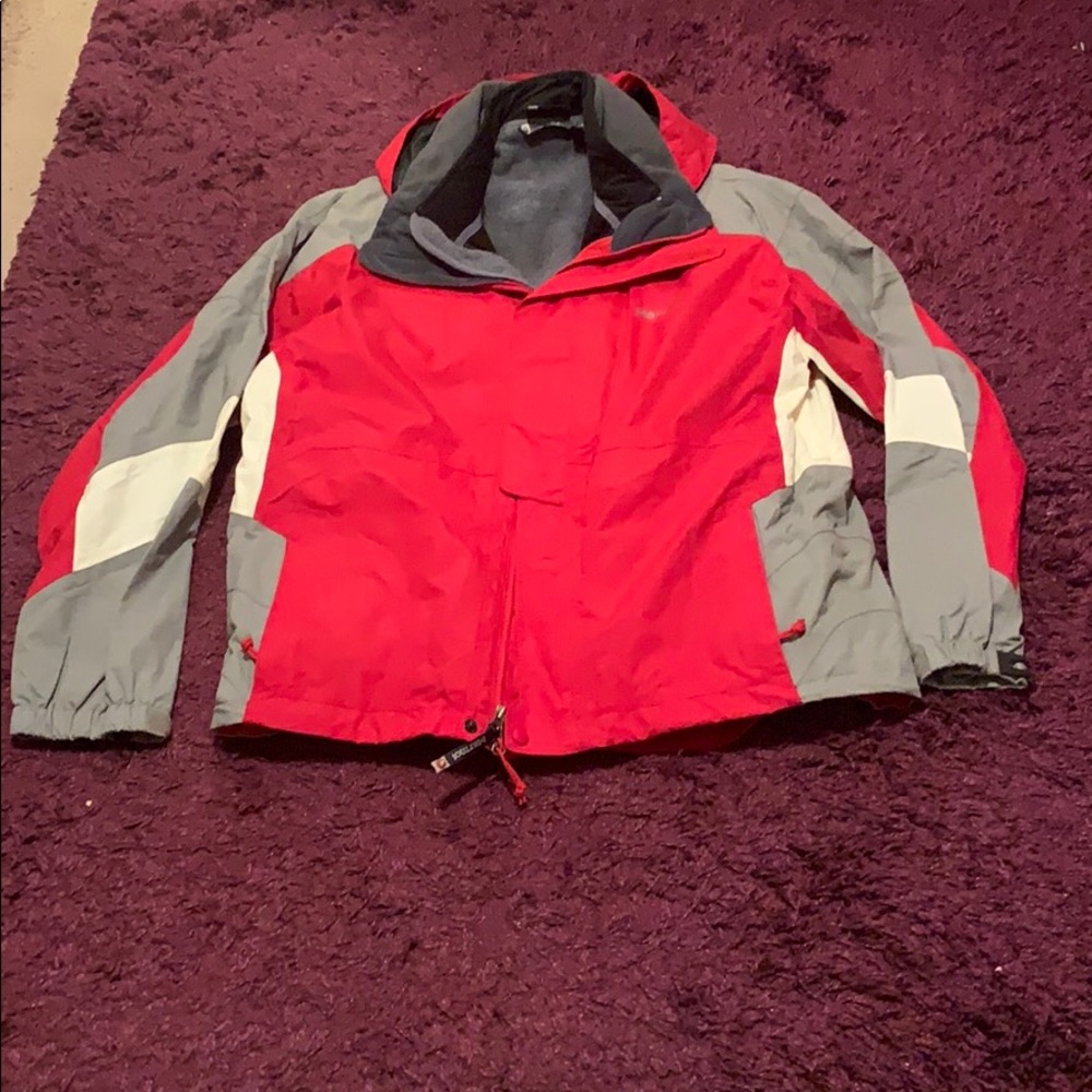 EUC Marmot red, white, and grey ski jacket men’s L